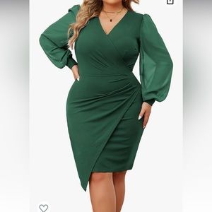 NWT  EXLURA green dress chiffon long sleeve ruched on the waist size L